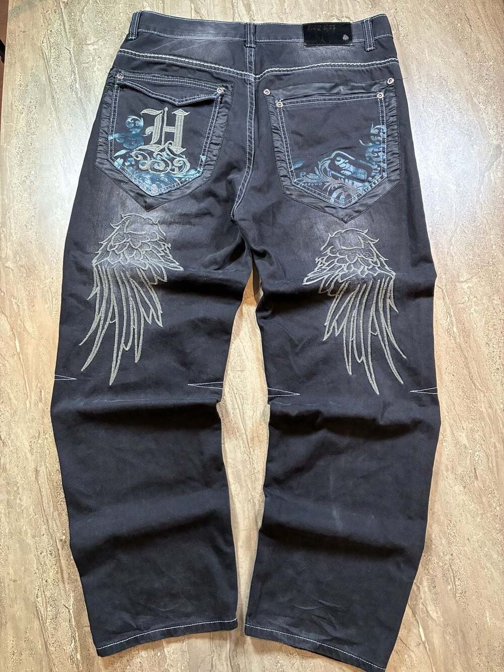 Play Bigg Wings Embroidery Denim Jeans Size 36 Black Y2K Baggy Skater